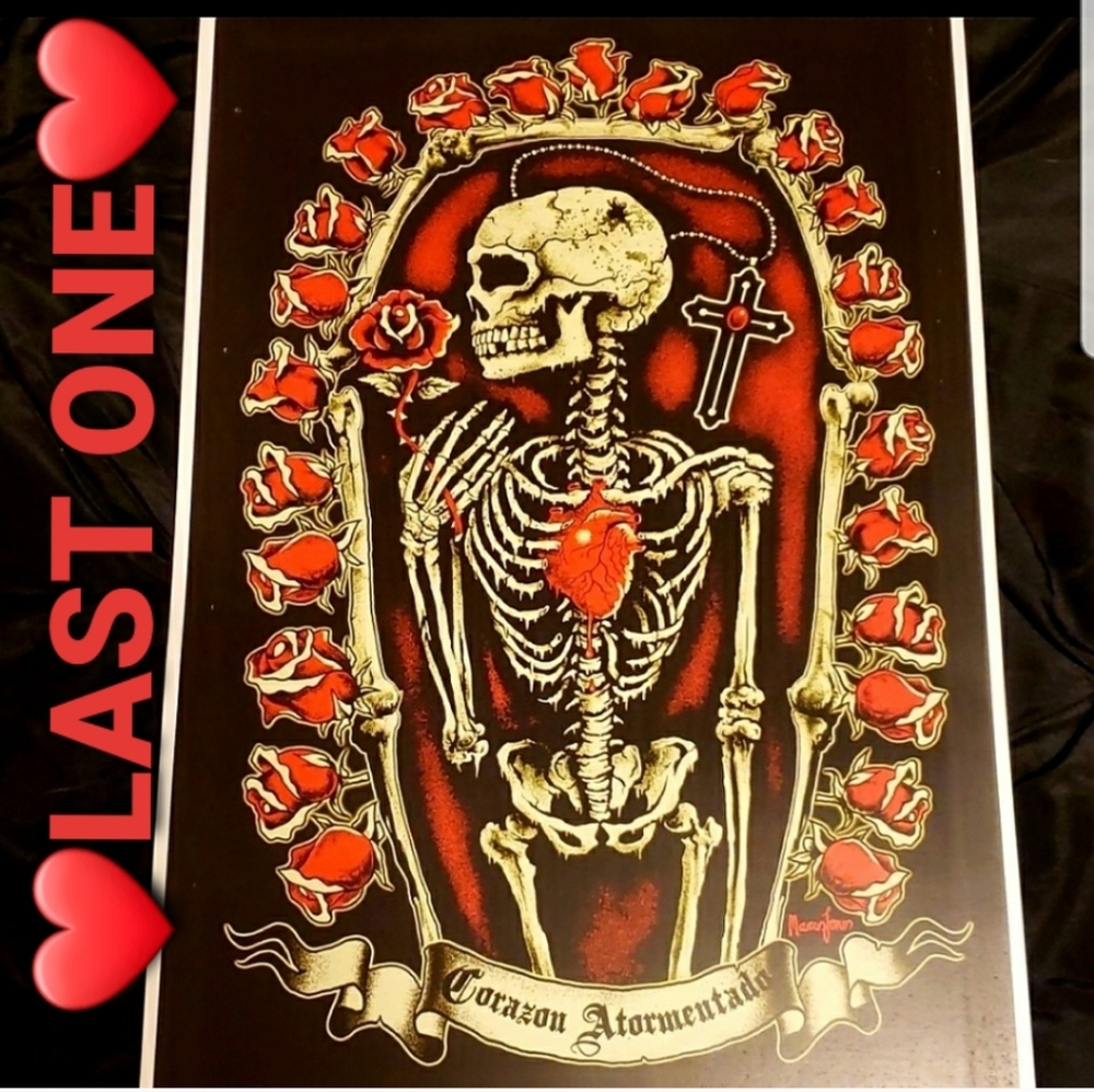 Too Fast Corazon Atormeutada Skeleton Roses 11"x17" Tattoo Lithograph Art Print